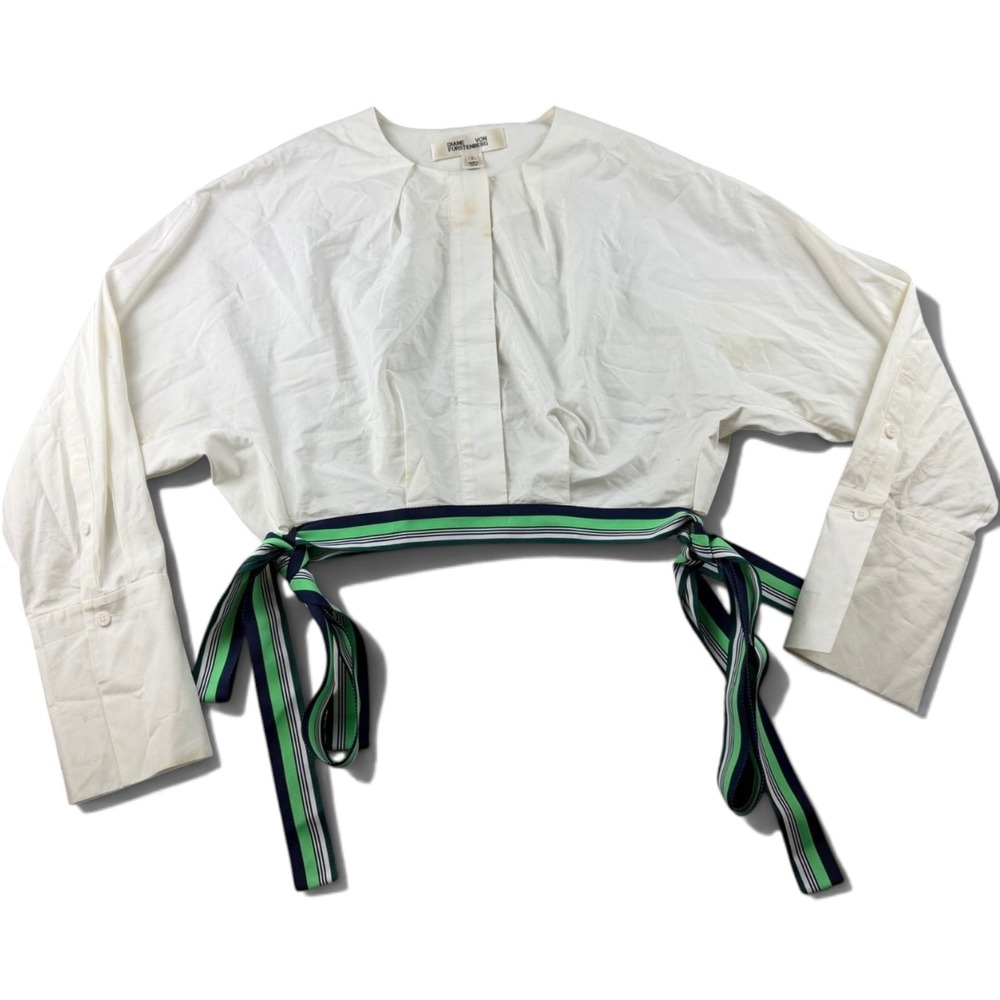 Diane von Furstenberg Blouse Women 4 White Striped Tie-Side Cropped Poplin Chic